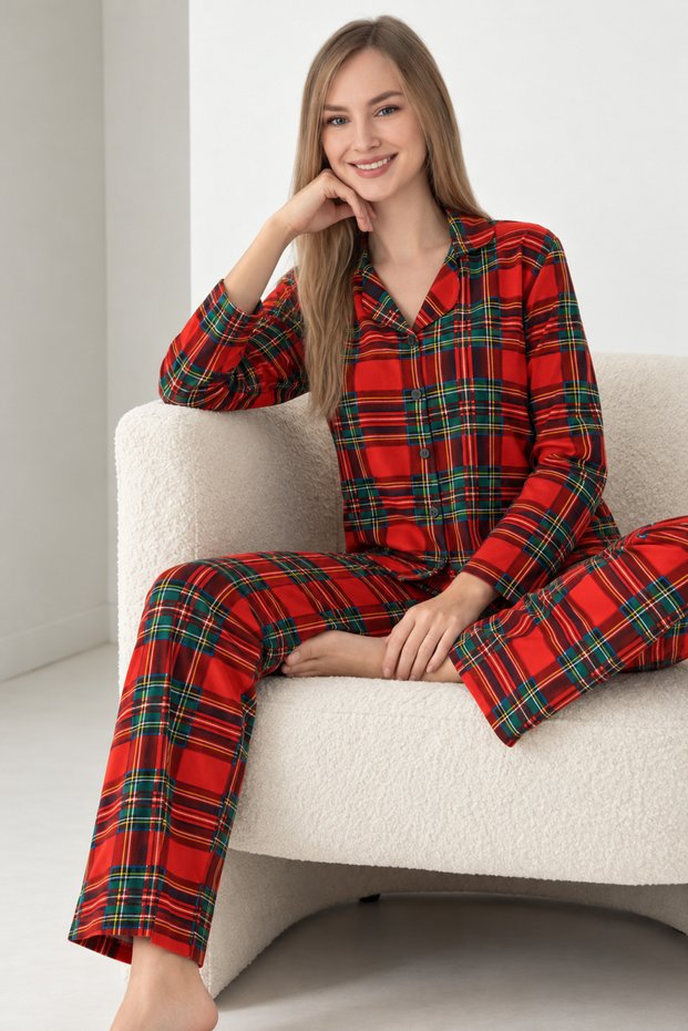 Women's Red Plaid Christmas Patterned 100% Cotton Knitted Buttoned Pajamas Set 19117