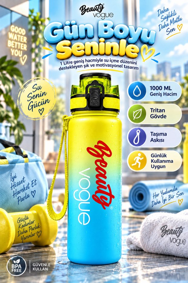 Hydra Boost Edition 1 Liter One-Touch Open Leak-Proof Locking Lid Filtered and Healthy Special Design Bpa-Free Odor-Free Gym School Office Motivational Tritan Water Bottle with Strap Yellow Blue