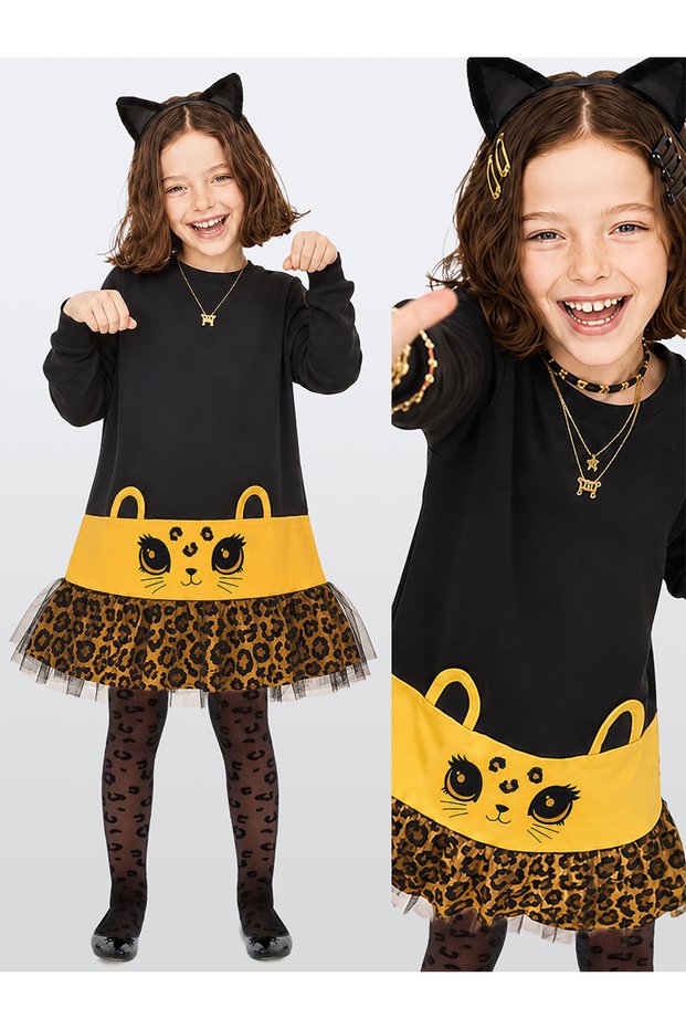 Girls' Leopard Appliqué Tulle Cotton Dress – Black Long Sleeve Comfortable Stylish Design (Ages 3-8)