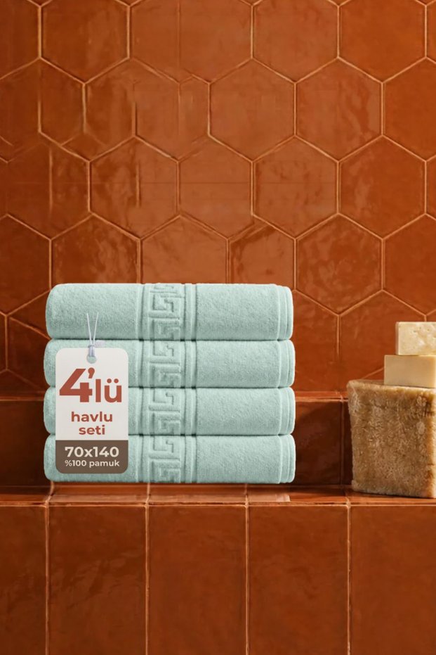 4-Piece Greek Mint Green Bath Towels - 70X140 Cm, 490 Gr, 100% Cotton, Spa and Hotel Towels