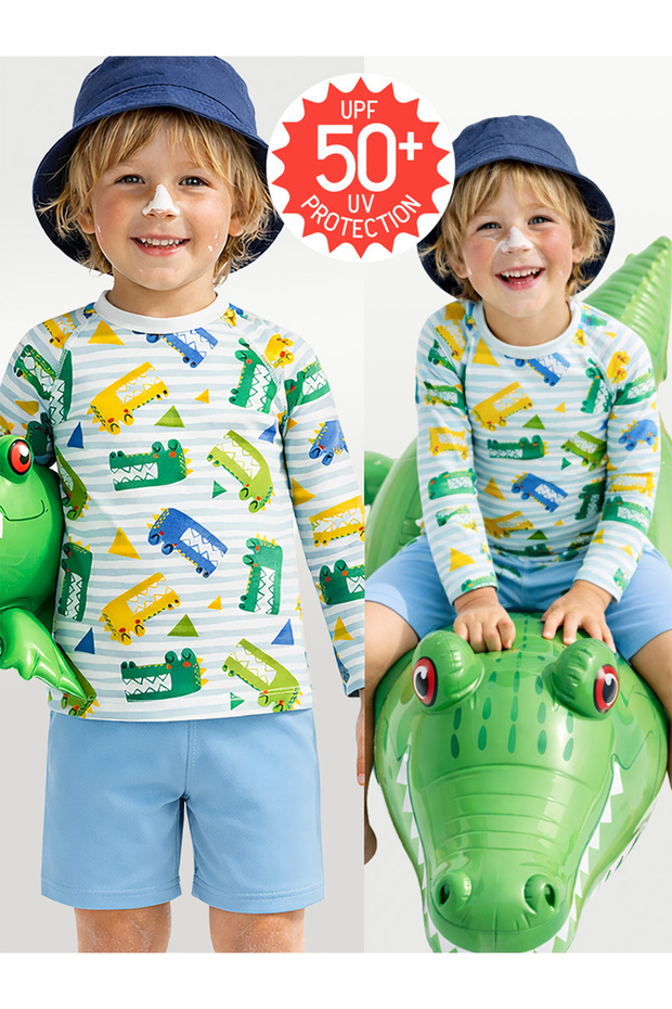 Uv Protection Boys' Swimsuit T-Shirt Uvp+50 Factor Protection Long Sleeve Crocodile