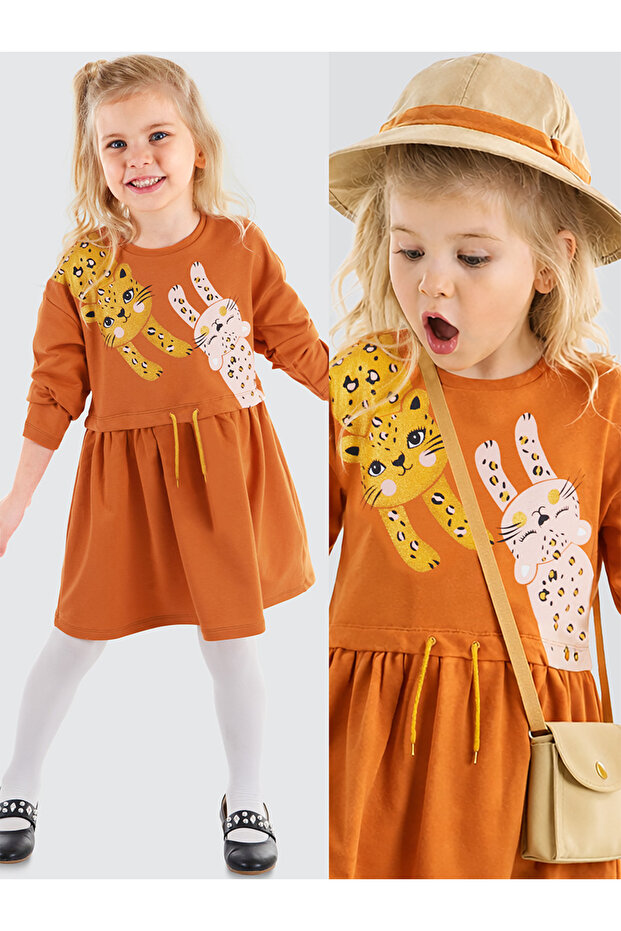 Orange Leopard Elastic Waist Long Sleeve Girls' Dress