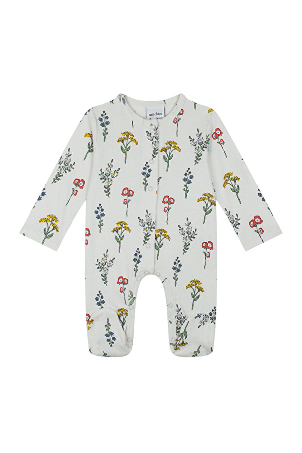 Organic Beige Snap Fastener Long Sleeve Baby Girl Romper with Booties
