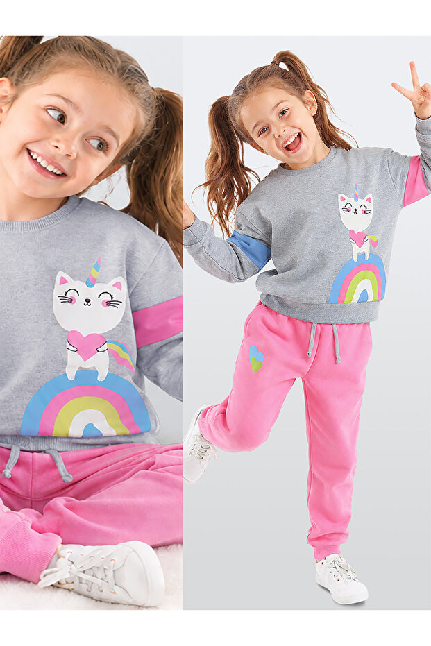 Girls Winter Cat and Heart Pattern Pink Long Sleeve 2 Piece Tracksuit Set 1-8 Years