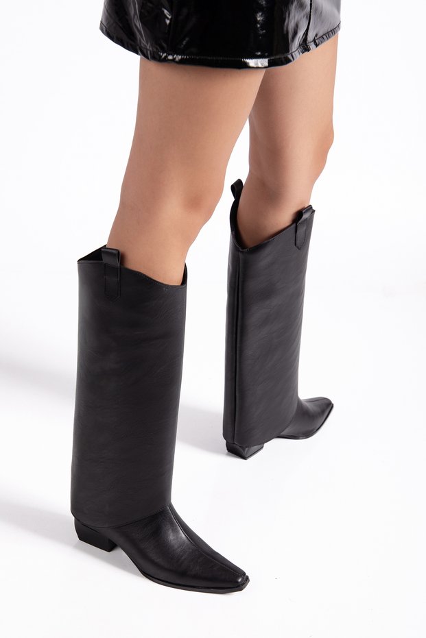 Women's Black Leather Detachable Boots and Heeled Boots