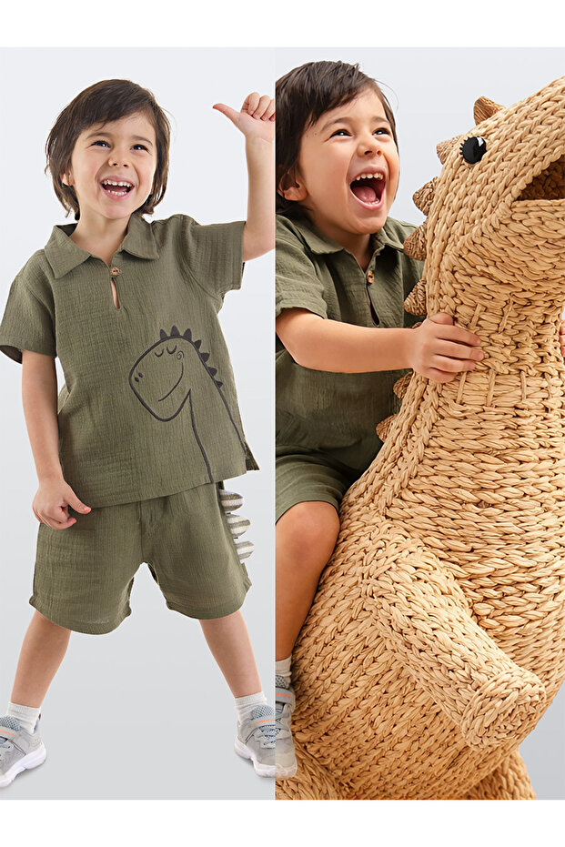 Dino Baby Boy Summer Muslin Shorts Shirt Set