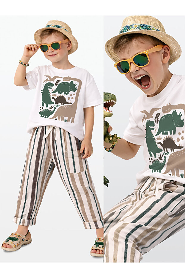 Boys' Dinosaur Printed 100% Cotton T-Shirt Striped Woven Trousers Summer Set