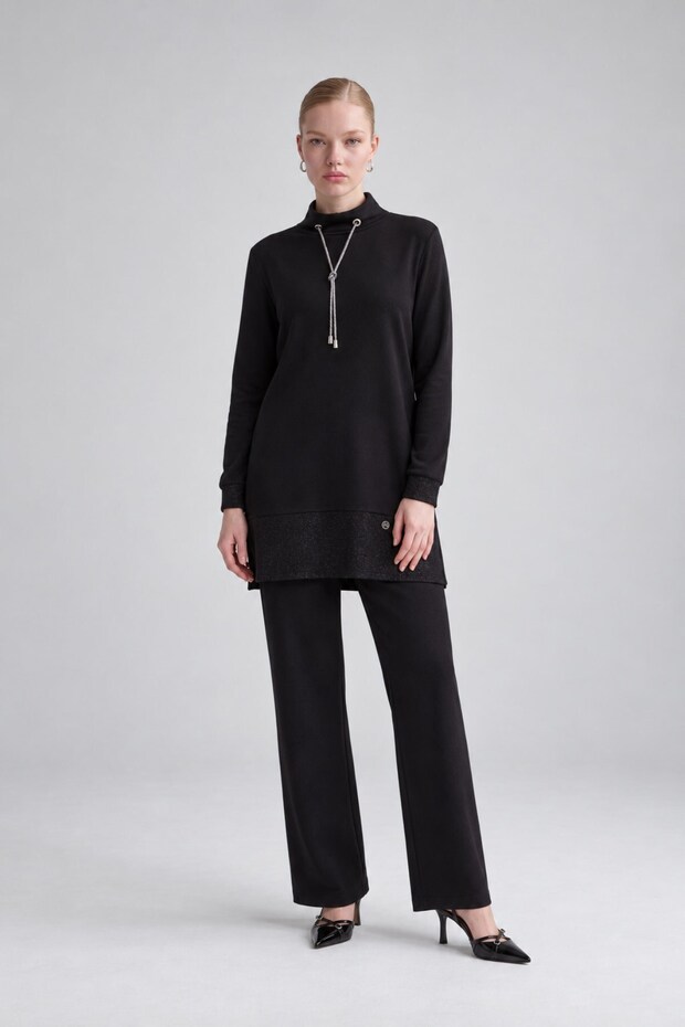 Silvery Cashmere Fabric Double Set Black