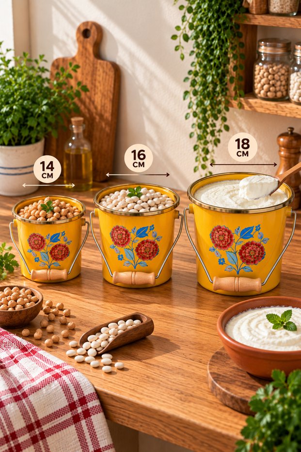 Enamel 3-Piece Mustard Yellow Bakraç Set 14-16-18 cm - Bakliyat Yogurt Bakracı