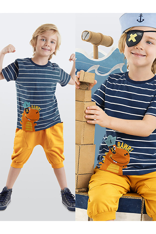 Striped Sailor Dino Boys Summer T-Shirt Capri Shorts Set