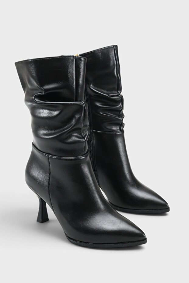 Lilia Patent Leather Look Pointed Toe High Heeled Drawstring Side Zipper Casual Stylish Women's Boots