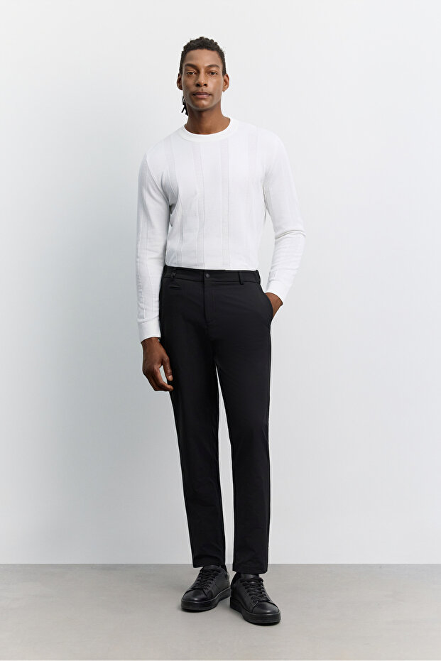 Men's Black Elastic Waist Anti-Wrinkle Water-Repellent Technical Fabric Slim Fit Trousers A62Y3200