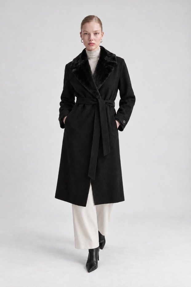 Plush Detailed Cashmere Coat Black