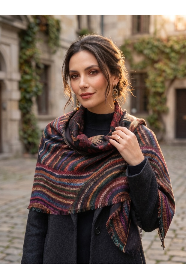 Multi-Colored Wave Pattern Woven Scarf – Soft Acrylic Scarf with a Silk Feel