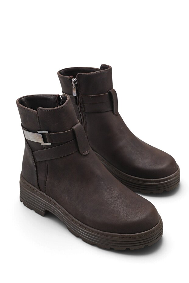 Women's Buckle-Strapped Thick Sole Zippered Chelsea Boots Brown