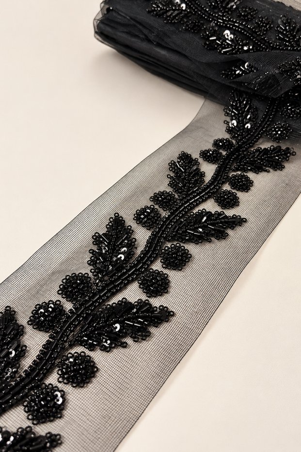 Flower and Leaf Motif Beaded Embroidered Tulle Ribbon (1Mt)