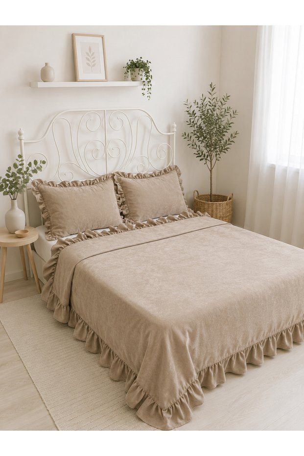 Pearl Ruffle Milk Brown Bedspread Double King Size