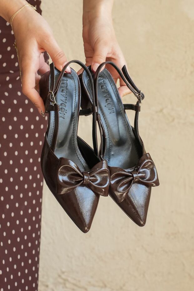 Women's Trom Bowtie Detail Short Heeled Shoes - Brown-Patent Leather