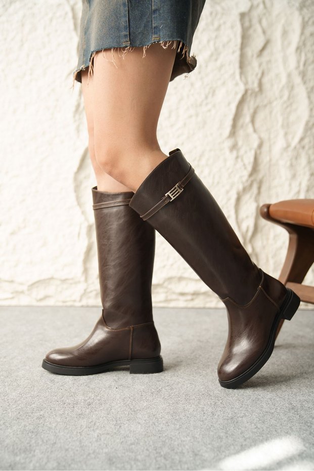 Women's Nantes Flat Bottom Buckle Boots - Brown-Leather