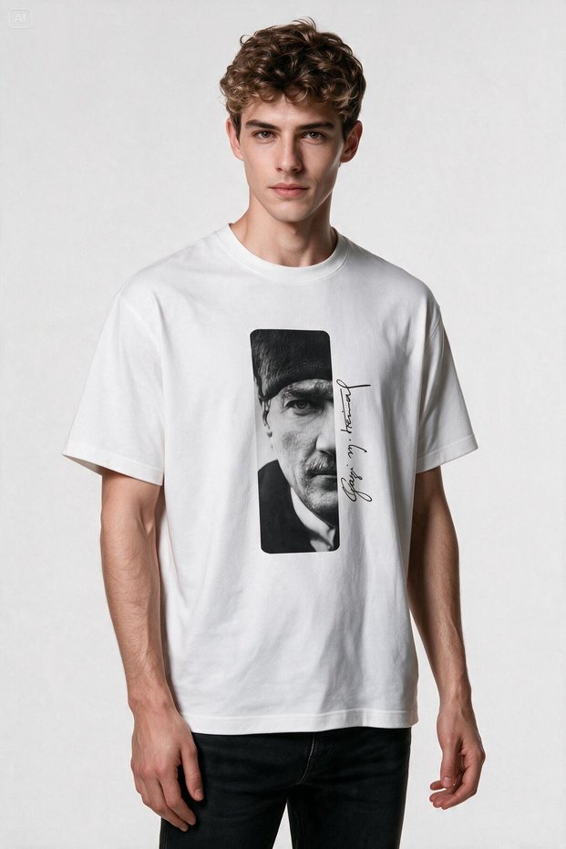 Oversize Gazi Mustafa Kemal Atatürk Signed Printed T-Shirt - Wide Cut