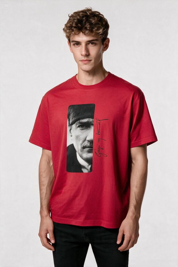 Oversize Gazi Mustafa Kemal Atatürk Signed Printed T-Shirt - Wide Cut