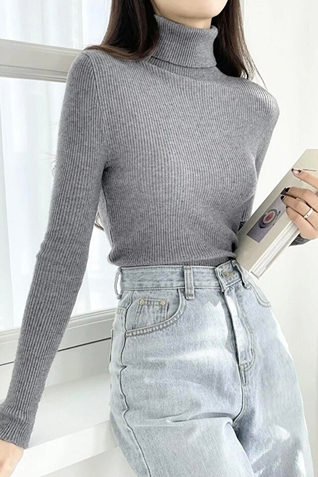 Unisex Gray Premium Cotton Turtleneck Camisole Ribbed Slimfit Turtleneck Sweater