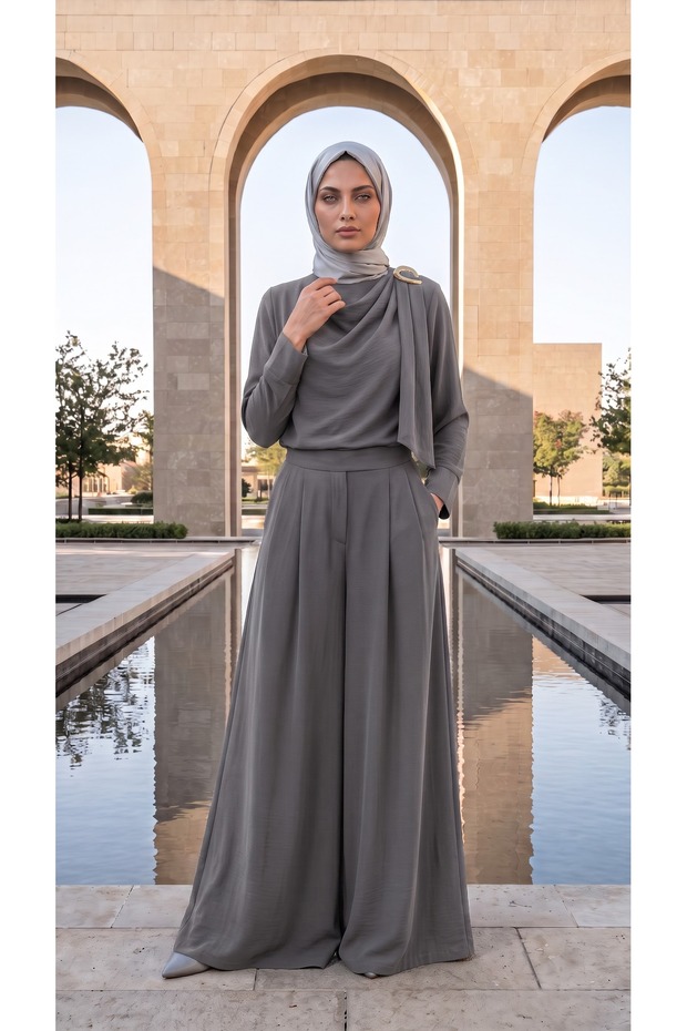 Double Suit with Shoulder Buckle Detail, Degaje Collar, Wide-Legged Trousers