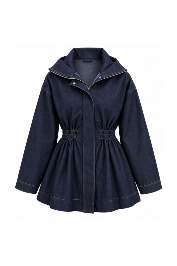Women's Drawstring Waist Zippered Denim Jacket 3257 Navy Blue - Premium Series