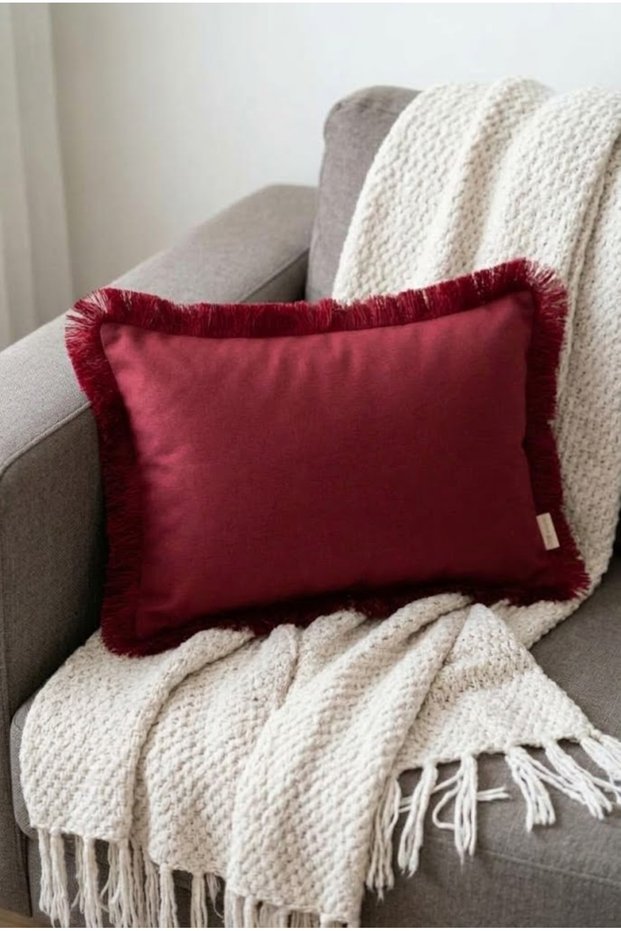 Burgundy Floor, Burgundy Tasseled 30X50Cm 1 Piece Rectangular Throw Pillow Cover