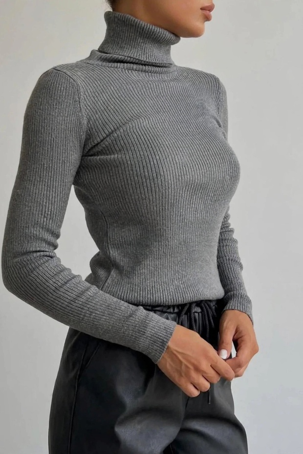 Anthracite Grey Premium Cotton Turtleneck Camisole Raster Slimfit Turtleneck Sweater