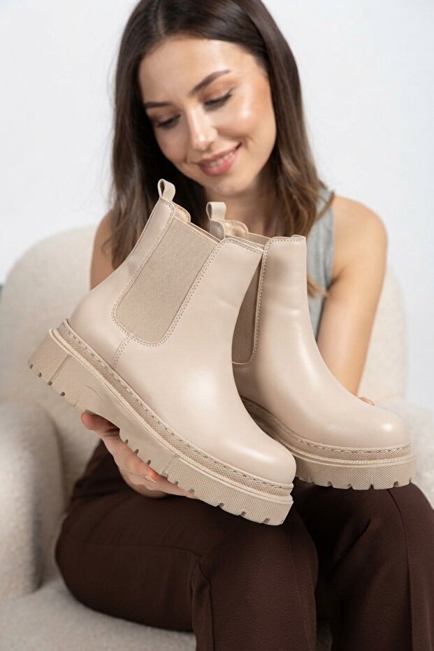 Zri̇n812-2137 Premium Beige Elastic Daily Women's Boots