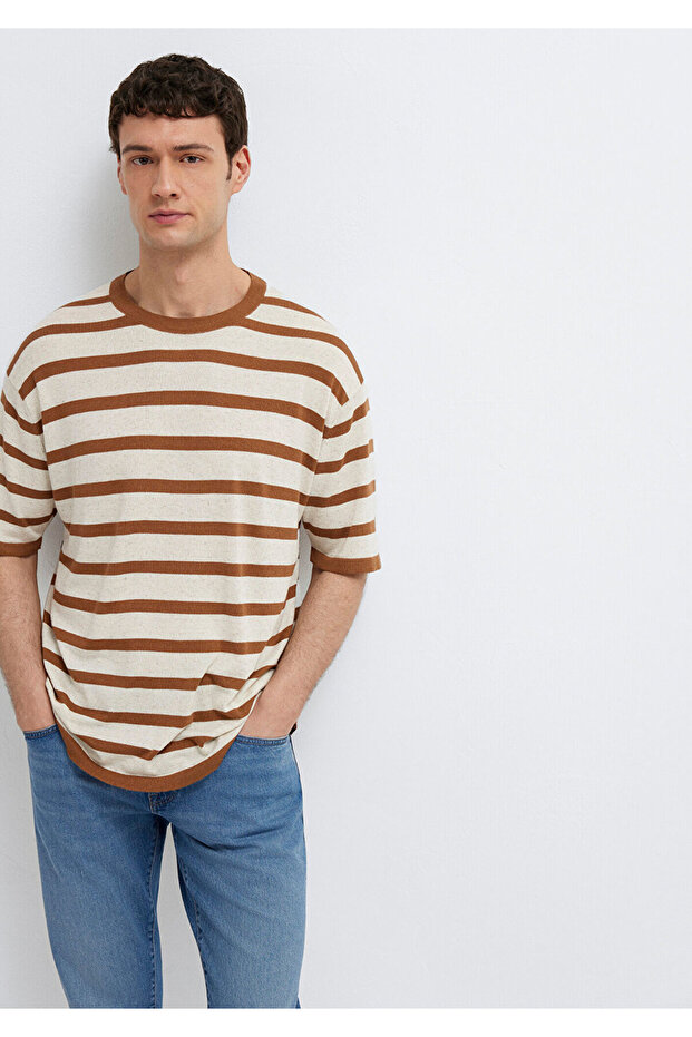 Linen Blended Striped Beige Knitwear 0710415-70227