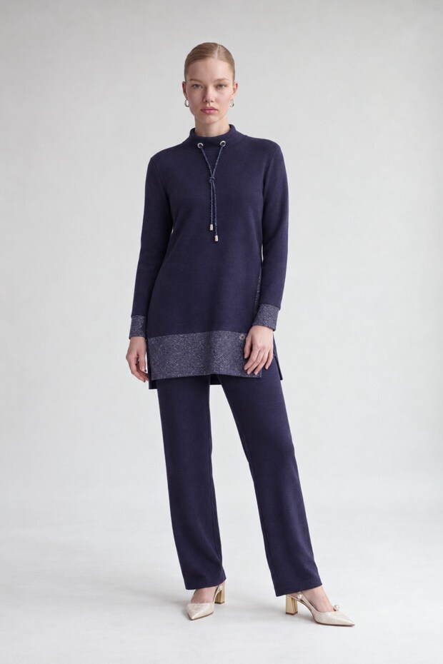 Silvery Cashmere Fabric Double Set Navy Blue