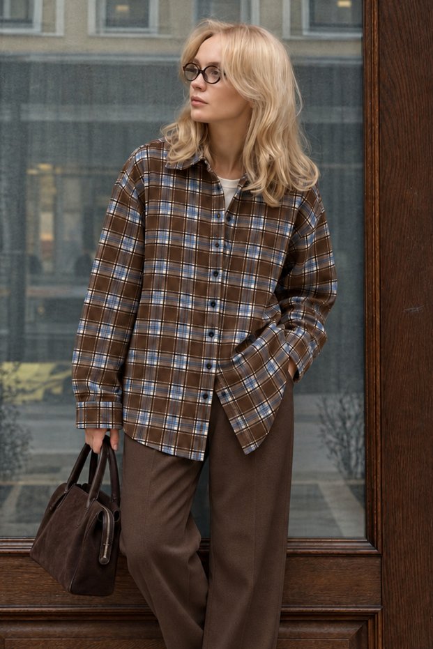 Baby Blue Oversize Plaid Patterned Women's Shirt Sh334