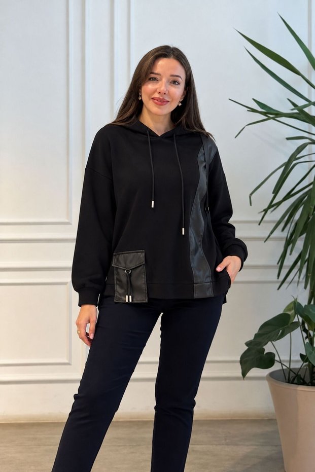 Leather Garni Detailed Hooded Sweatshirt