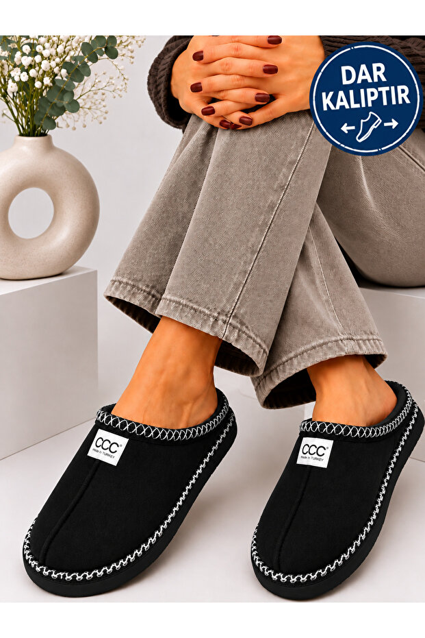 Lora Women's Suede Textured Fur Lined Embroidery Detailed Warm Soft Sole House Slippers Stc1335