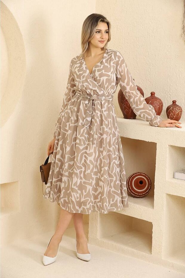Women's Beige Patterned Chiffon Dress Rssn32