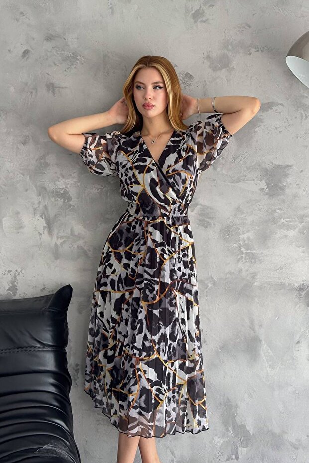 Women Black Double Breasted Collar Print Chiffon Dress Nbq001