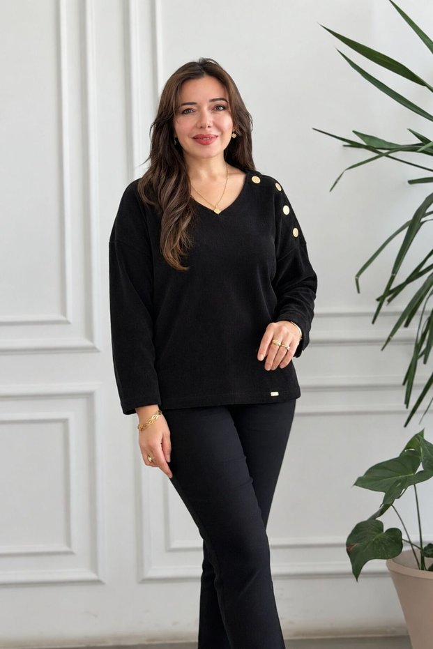 V-Neck Velvet Sweatshirt with Shoulder and Cuff Button Detail