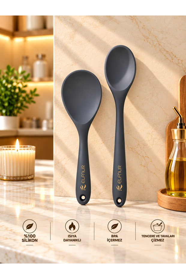 Hard Tip Heat Resistant Fireproof Non-Stick Silicone Long Spoon 28 Cm Short Spoon 22 Cm / 2 Pcs