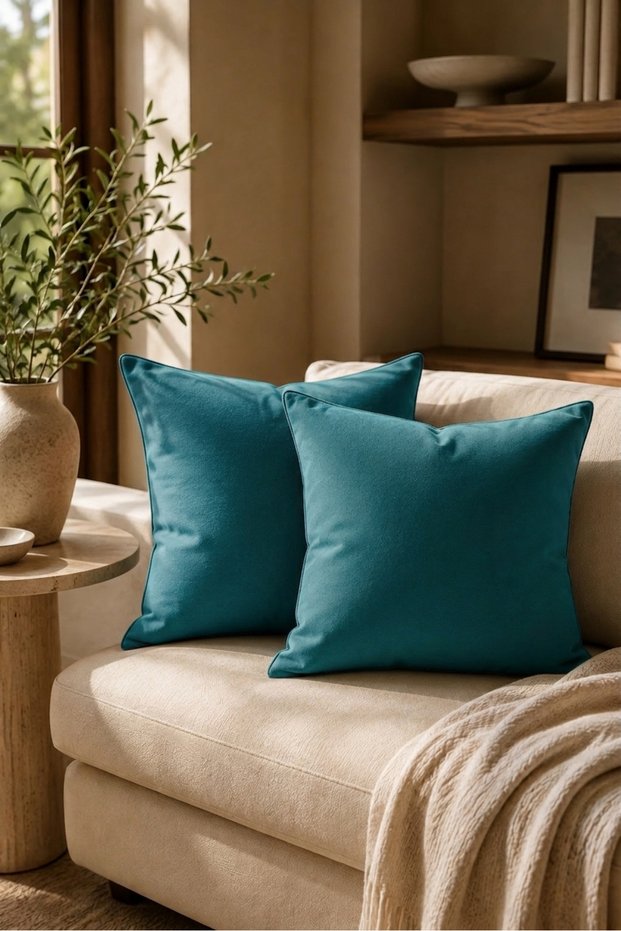 Double Sided Decorative Throw Pillow Cover Petrol Blue 2-Piece
