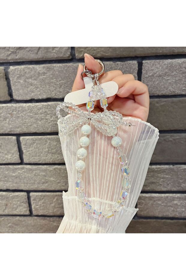 WHITE Luxury Rhinestone Bowknot Mobile Phone Lanyard Women's Charming Crystal Pendant Keychain Short