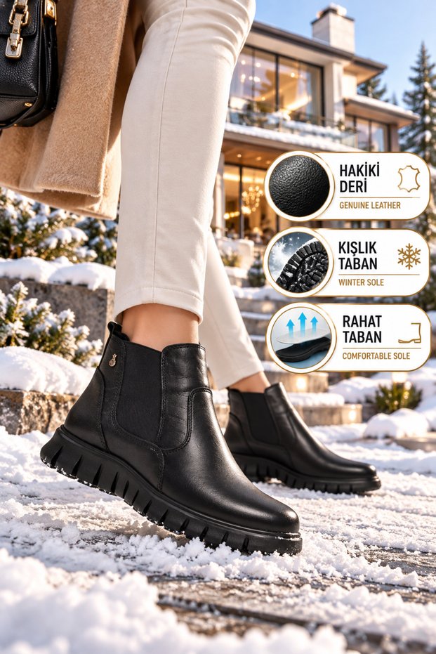 Black Genuine Leather Side Elastic Anatomical Winter Rubber Sole Women's Boots Z1114