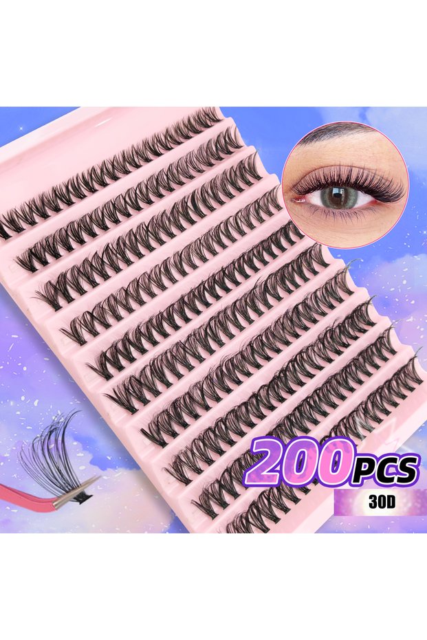 30D 200PCS D Curl Eyelash Cluster Set with 30D40D80D and 80D Spiky Style Natural Wispy Volume Lashes