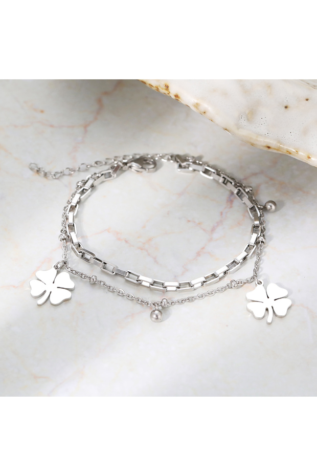 B120 Stainless Steel Bracelets Trendy Fine Bell Clovers Pendant Beads Layer Chain Fashion Bracelet F