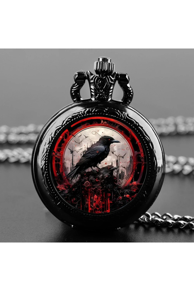 black Exquisite Vintage Black Crow Quartz Pocket Watch, Necklace Pendant With World Time Feature, I