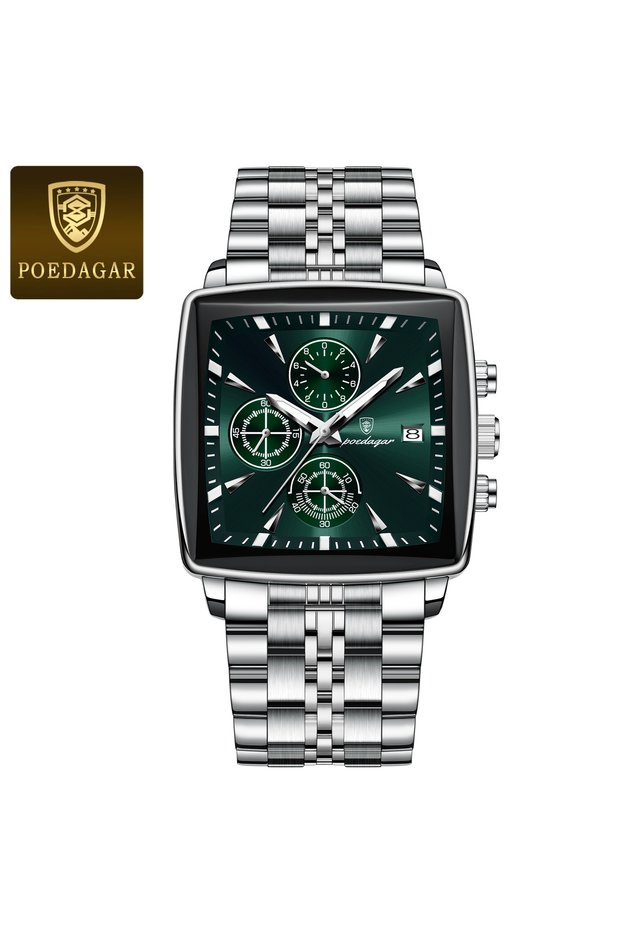 Silver Green POEDAGAR Fashion Square Men Clock Luminous Waterproof Chronograph Date Men's Watches St