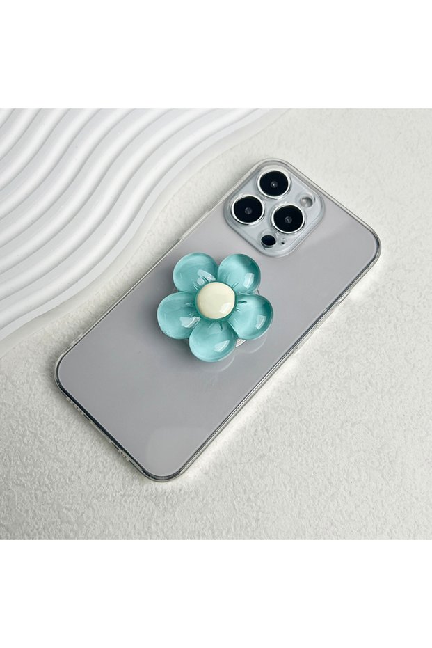 Blue 1pc Transparent Resin Candy-Colored Flower Phone Holder Foldable Desktop Stand Cute Floral Retr