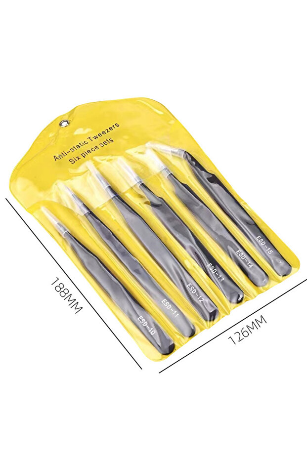 Te-042 ESD-10 to 15 Precision Tweezer Set 6pcs Anti-Static Black Stainless Steel Straight/Flat/Round
