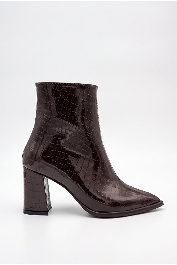 Women's Special Design Pointed Toe Thick Heeled Shiny Brown Crocodile Zippered Boots